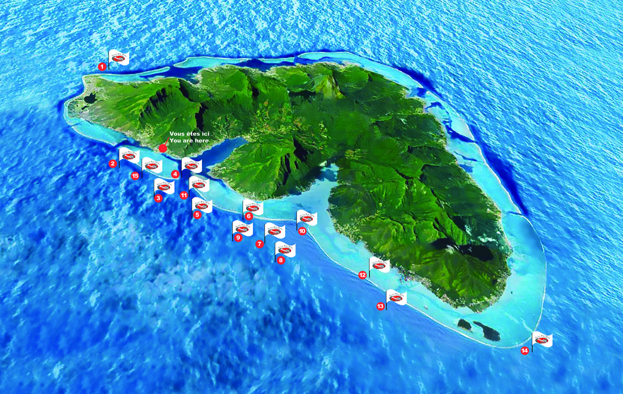 Carte des sites de plongée de Moorea Blue Diving autour de Moorea